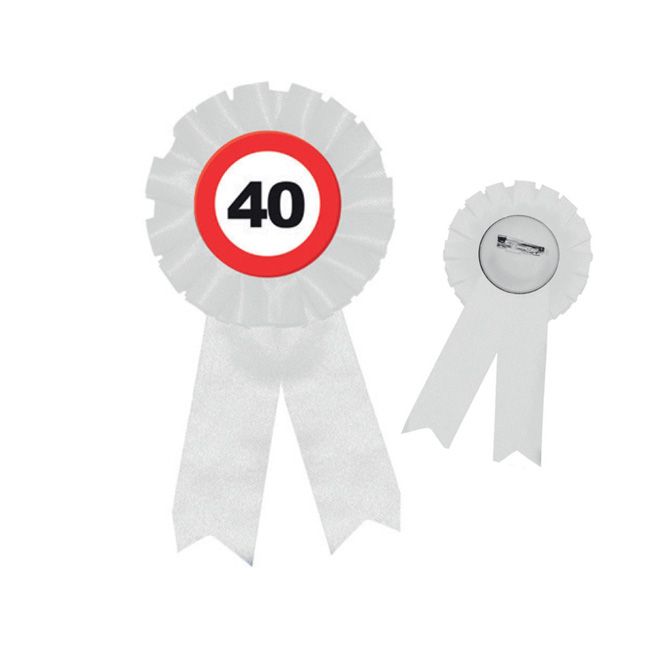 COCCARDA 40 ANNI, FIOCCO 40 ANNI, BADGE CON NASTRI 40 ANNI, COCCARDA  COMPLEANNO, FESTA 40 ANNI, IDEE, FESTE 40 ANNI, FESTA COMPLEANNO 40 ANNI, GADGET  40 ANNI